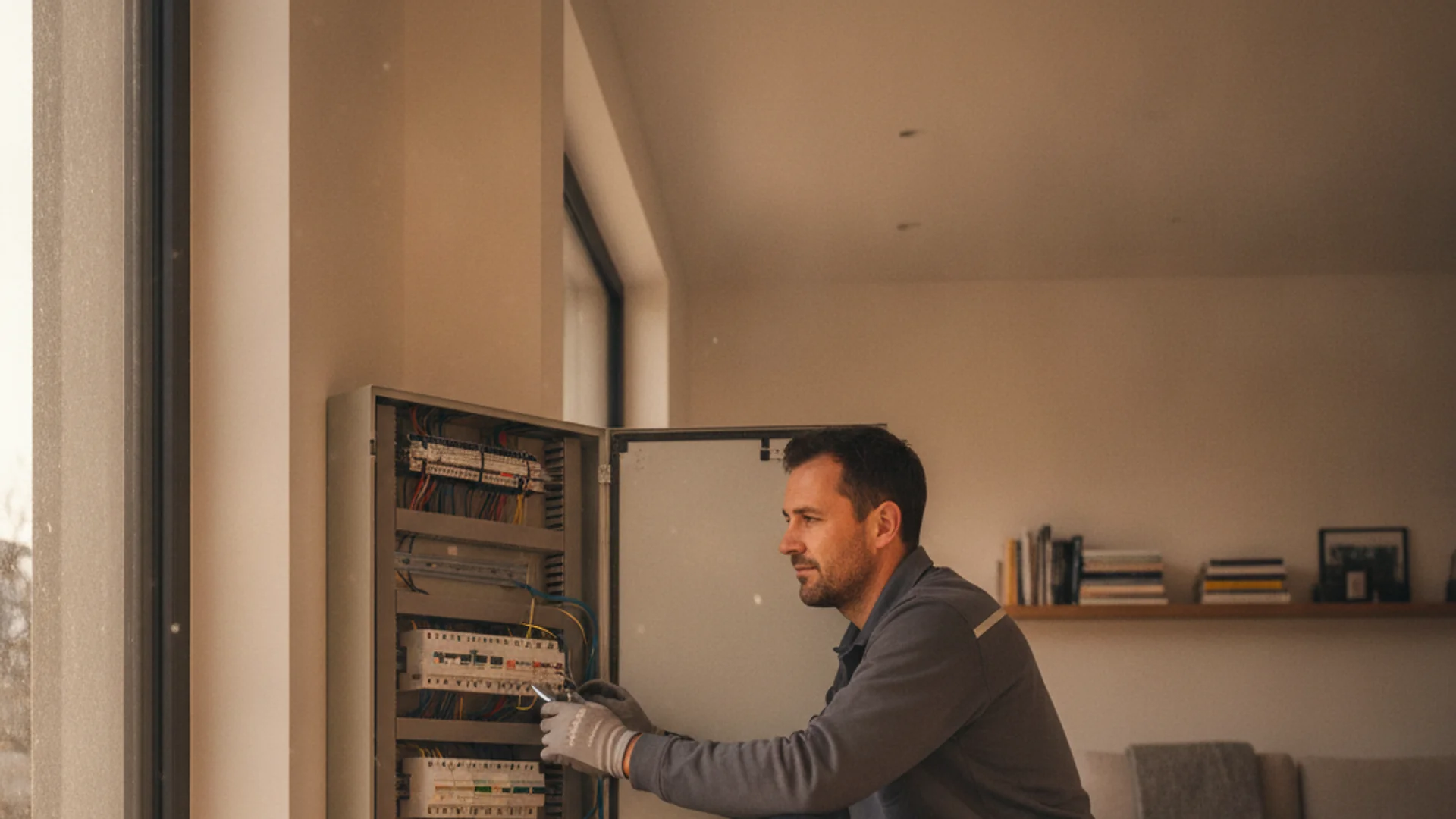 Électricien professionnel à Martigny intervenant sur un tableau électrique